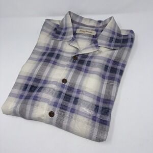 Tommy Bahama Mens Large Purple Plaid 100% Silk Short Sleeve Button Front Shirt
